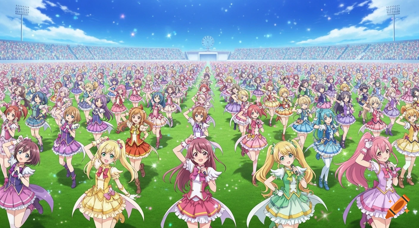 A stadium filled with countless anime magical girls in colorful dresses, singing and dancing on a green field under a blue sky.