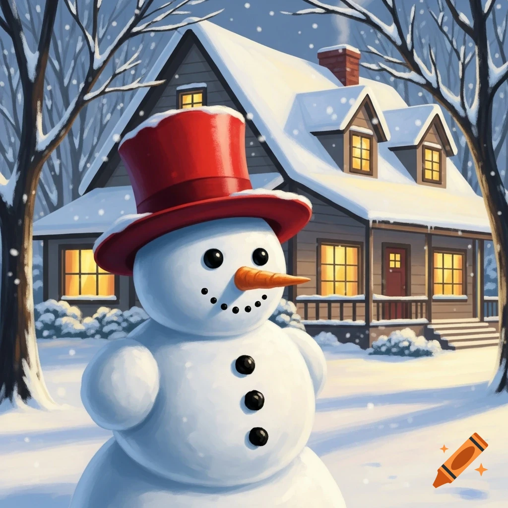 An illustrated snowman wearing a red top hat stands in a snowy yard in front of a cozy house with lit windows on a winter day.