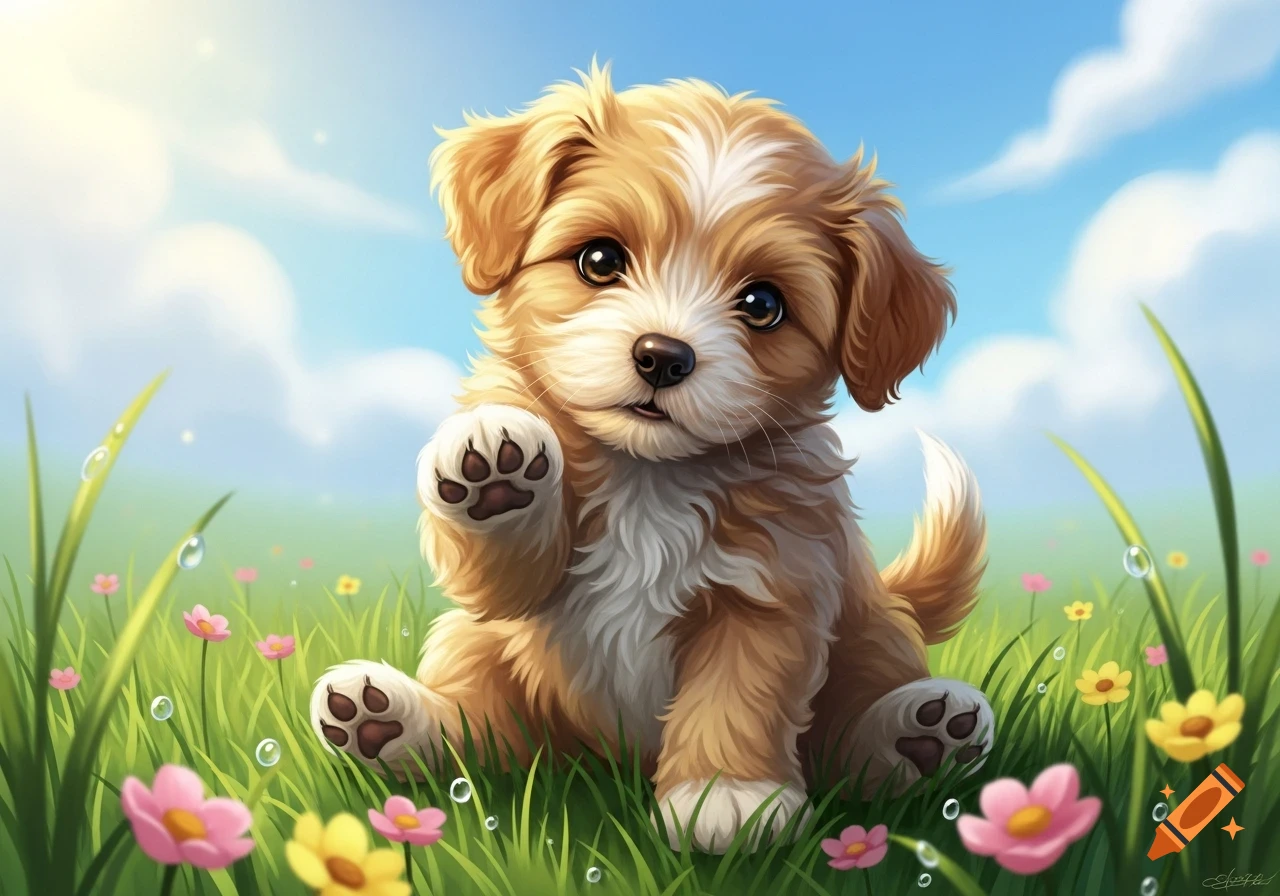 A cute, fluffy brown and white puppy sits in a vibrant green field with pink and yellow flowers under a blue sky, waving its paw.