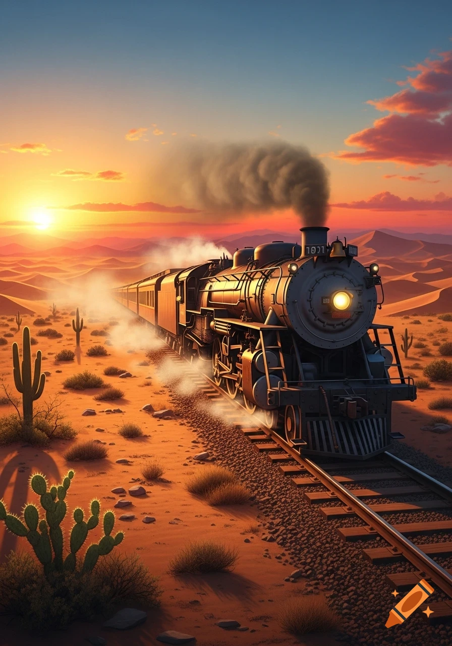 A steam train travels through a desert with saguaro cacti, bathed in the orange light of a sunset.