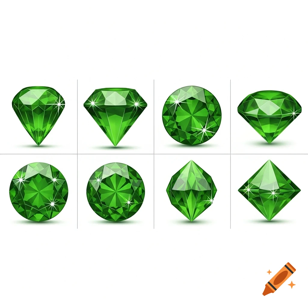 A spritesheet displaying eight sparkling green gems in various cuts and shapes against a white background.