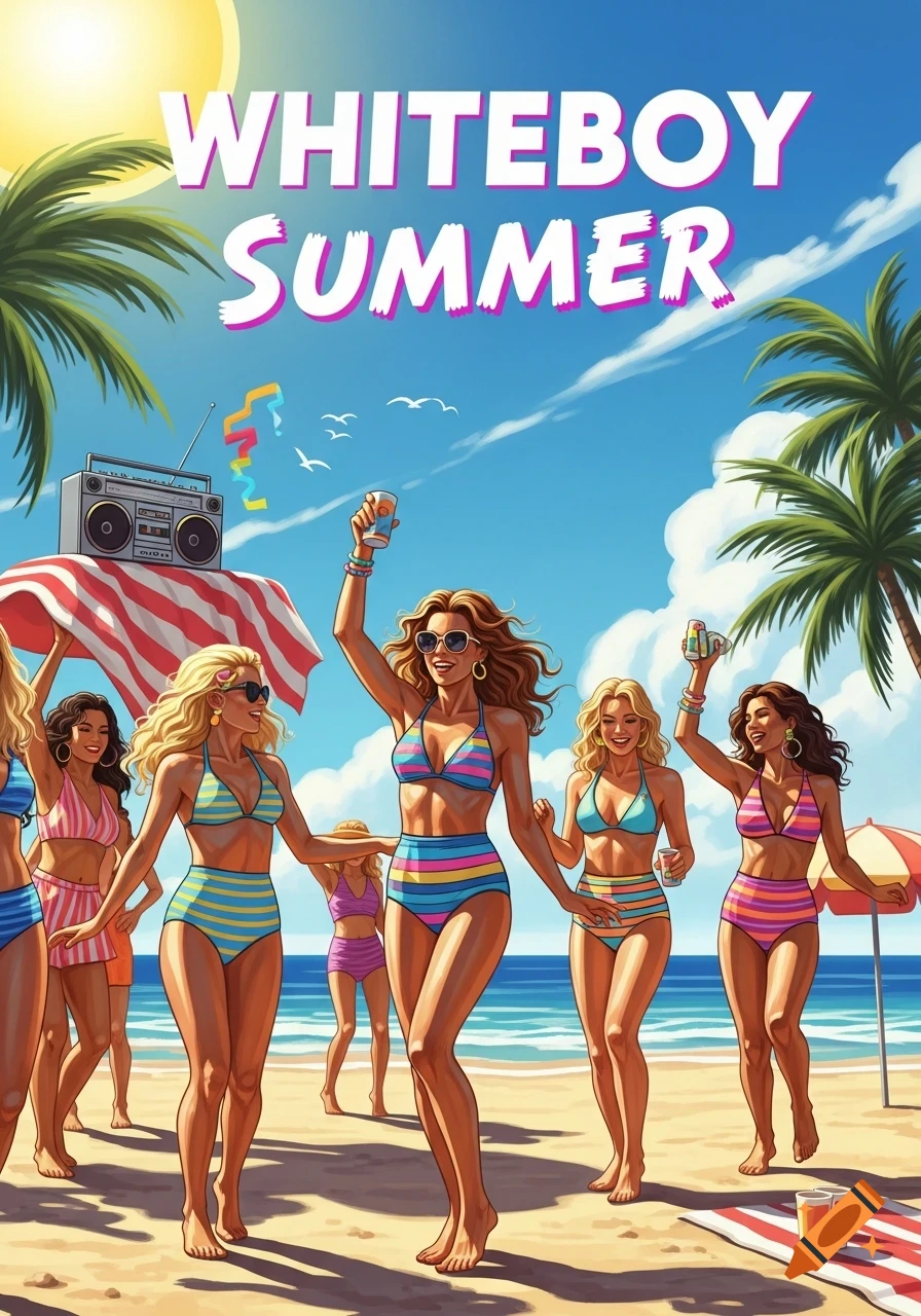 A colorful, 80s-inspired illustration of women in bikinis dancing on a sunny beach with palm trees and a boombox.