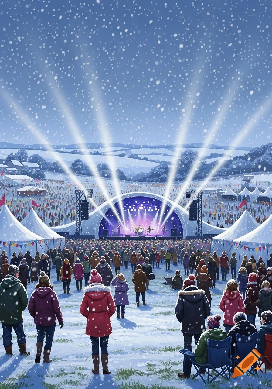 A wide shot illustration of a snowy outdoor music festival. A large crowd gathers before a brightly lit stage, with tents and hills in the background, under falling snow.