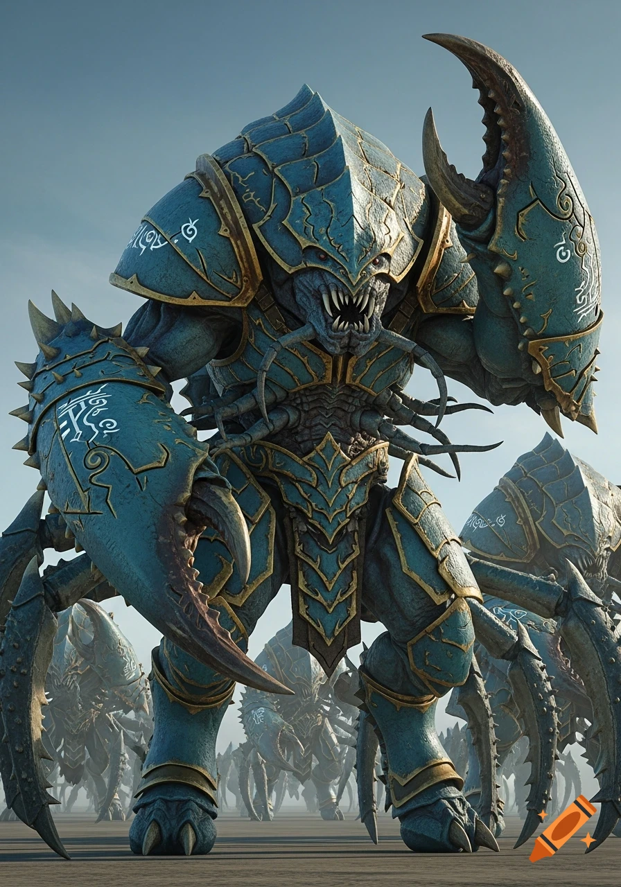 A towering, blue-green armored crab-like alien monster with golden trim and runic designs stands on a barren plain, other creatures in the background.