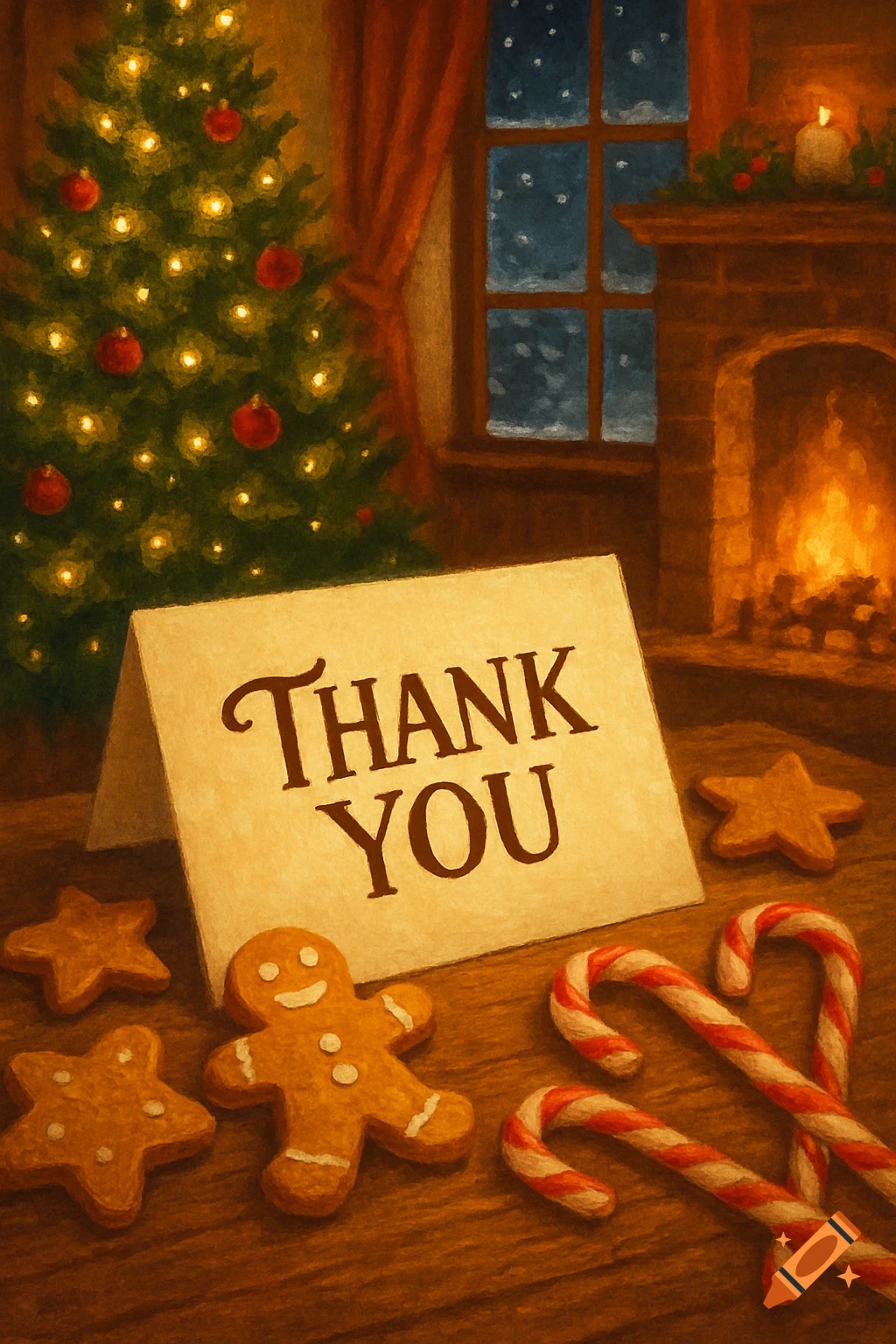 A warm, painterly Christmas scene with a 'THANK YOU' card, gingerbread cookies, and candy canes on a wooden table, beside a fireplace and tree.