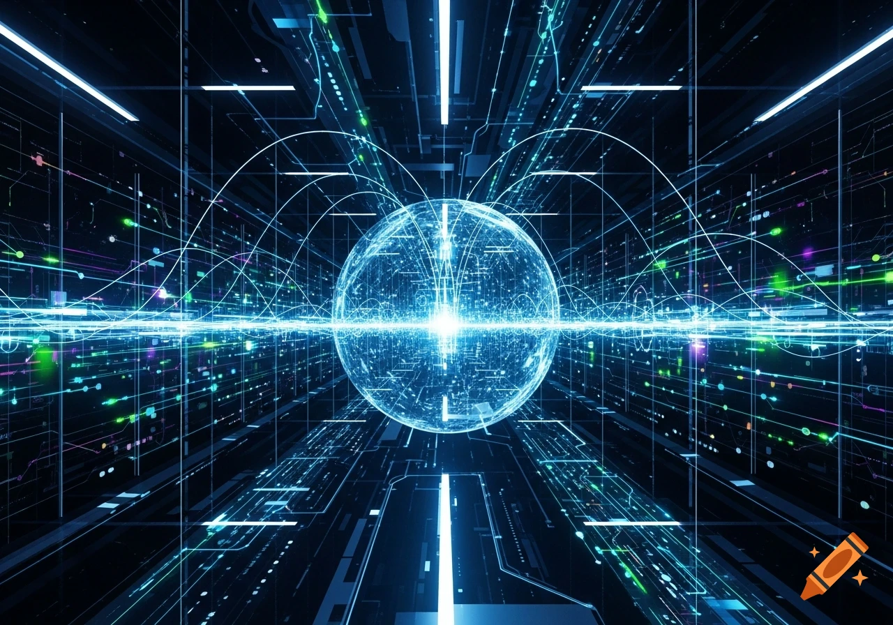 A glowing blue sphere at the center of a complex network of bright lines and lights in a dark, futuristic digital space.