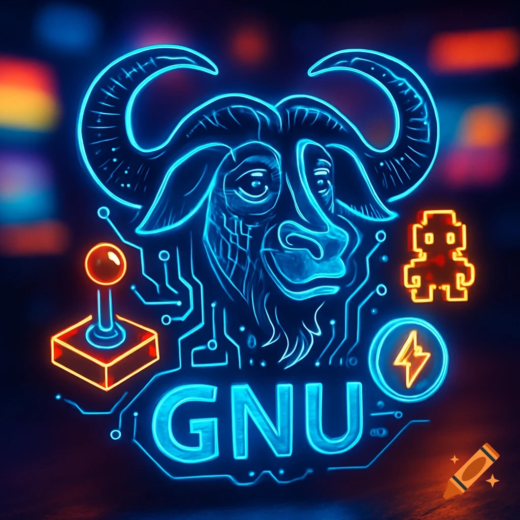 Neon blue GNU logo with a gnu head outline, circuit patterns, text 'GNU', joystick, pixel art character, and lightning bolt.