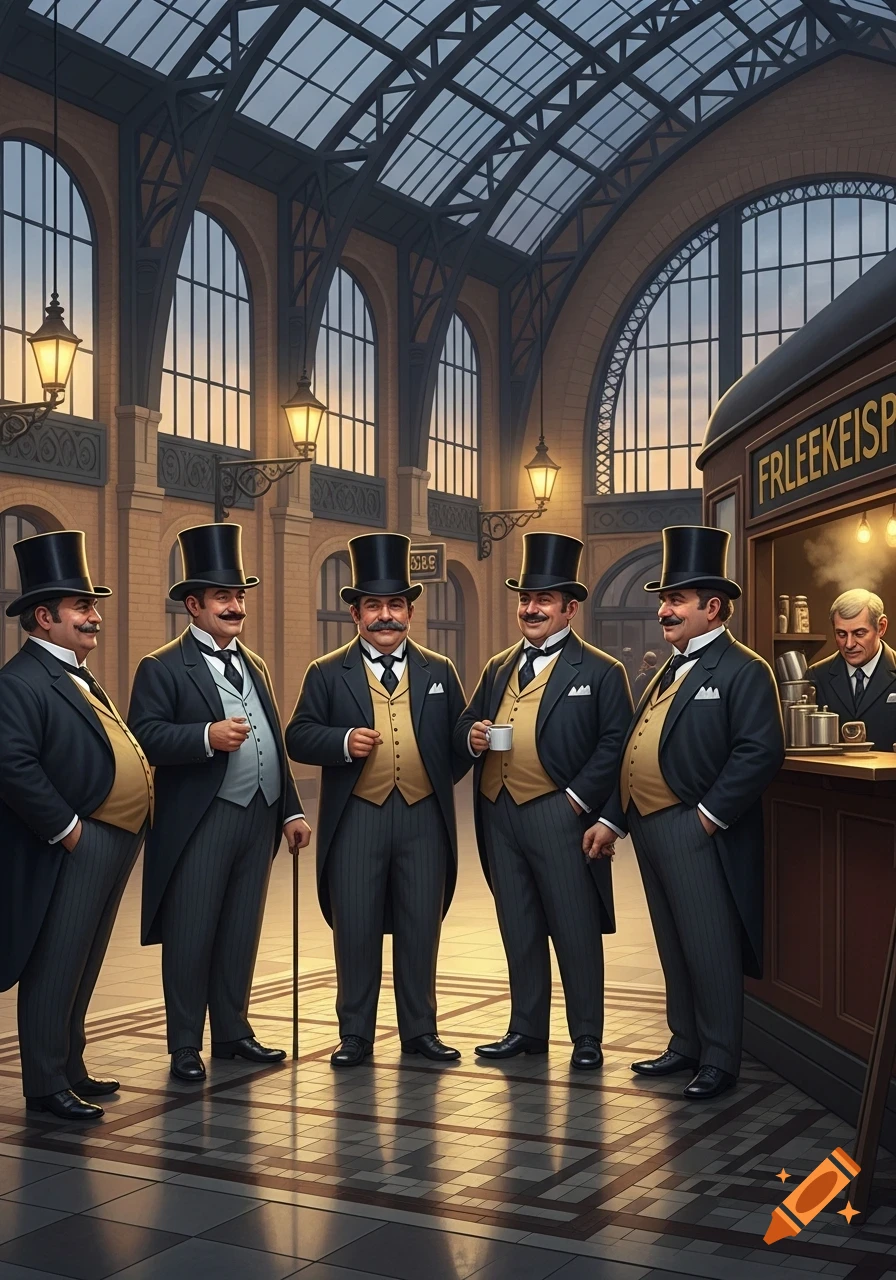 Five gentlemen in top hats and suits converse in a grand, arched train station, one holding a cane, another a cup.
