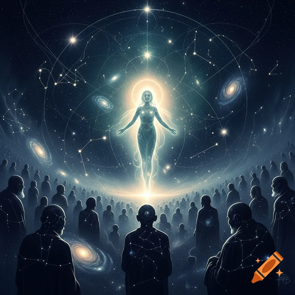 Ethereal glowing female figure floating above a crowd of shadowy onlookers against a dark cosmic background with stars, constellations, and galaxies.