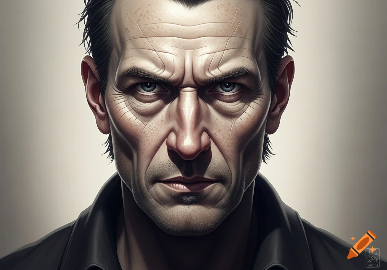 A highly stylized, grim-faced man with a prominent forehead, long nose, and concave cheeks stares intensely.