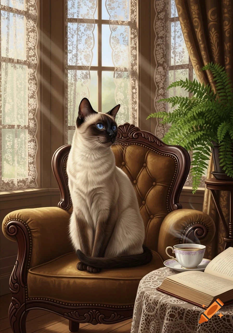 A photorealistic Siamese cat with blue eyes sits on a brown leather armchair, bathed in sunlight from a window with lace curtains.