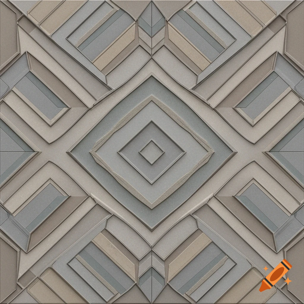 A symmetrical geometric pattern texture in muted gray and beige tones, resembling an Art Deco design.