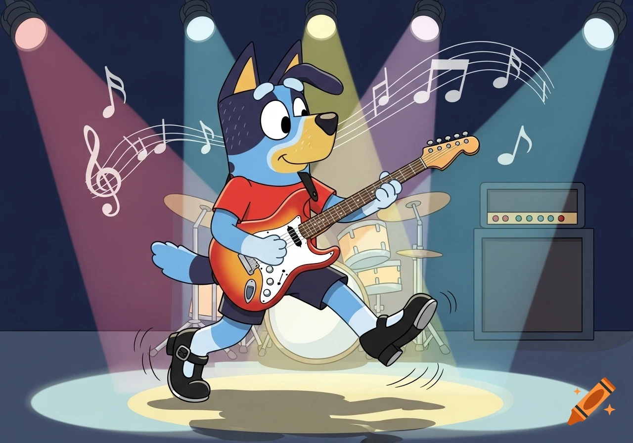 A cartoon blue dog, Bluey, plays an electric guitar and tap dances on a stage lit by spotlights.