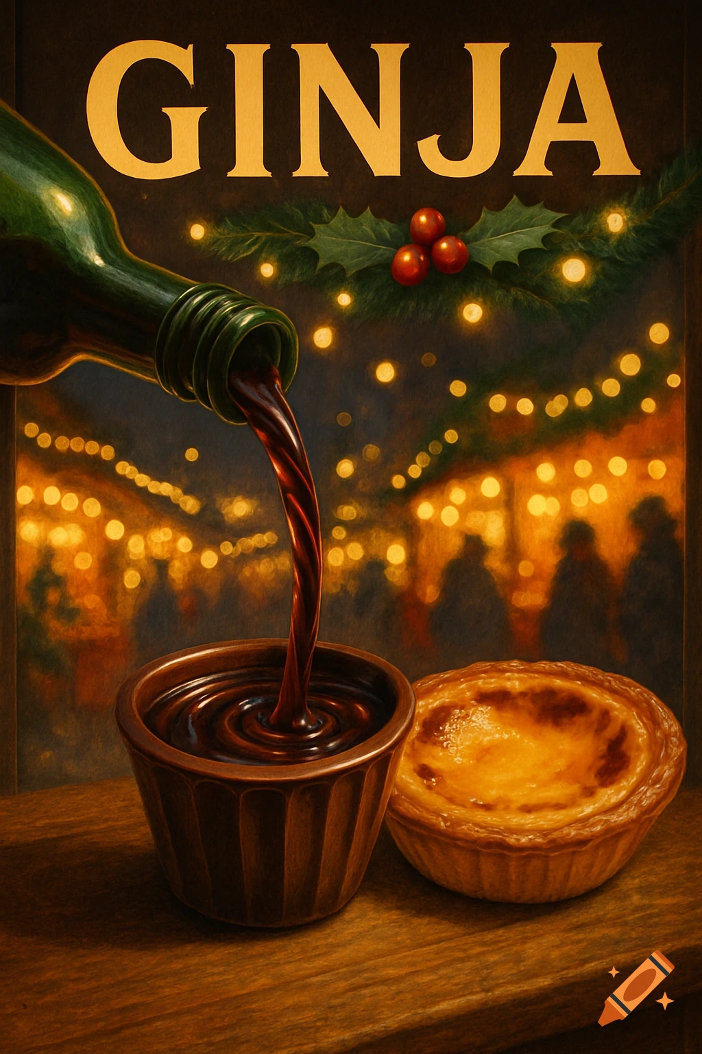 A bottle pours red Ginja into a cup next to a pastel de nata, with a blurry Christmas market background and lights.