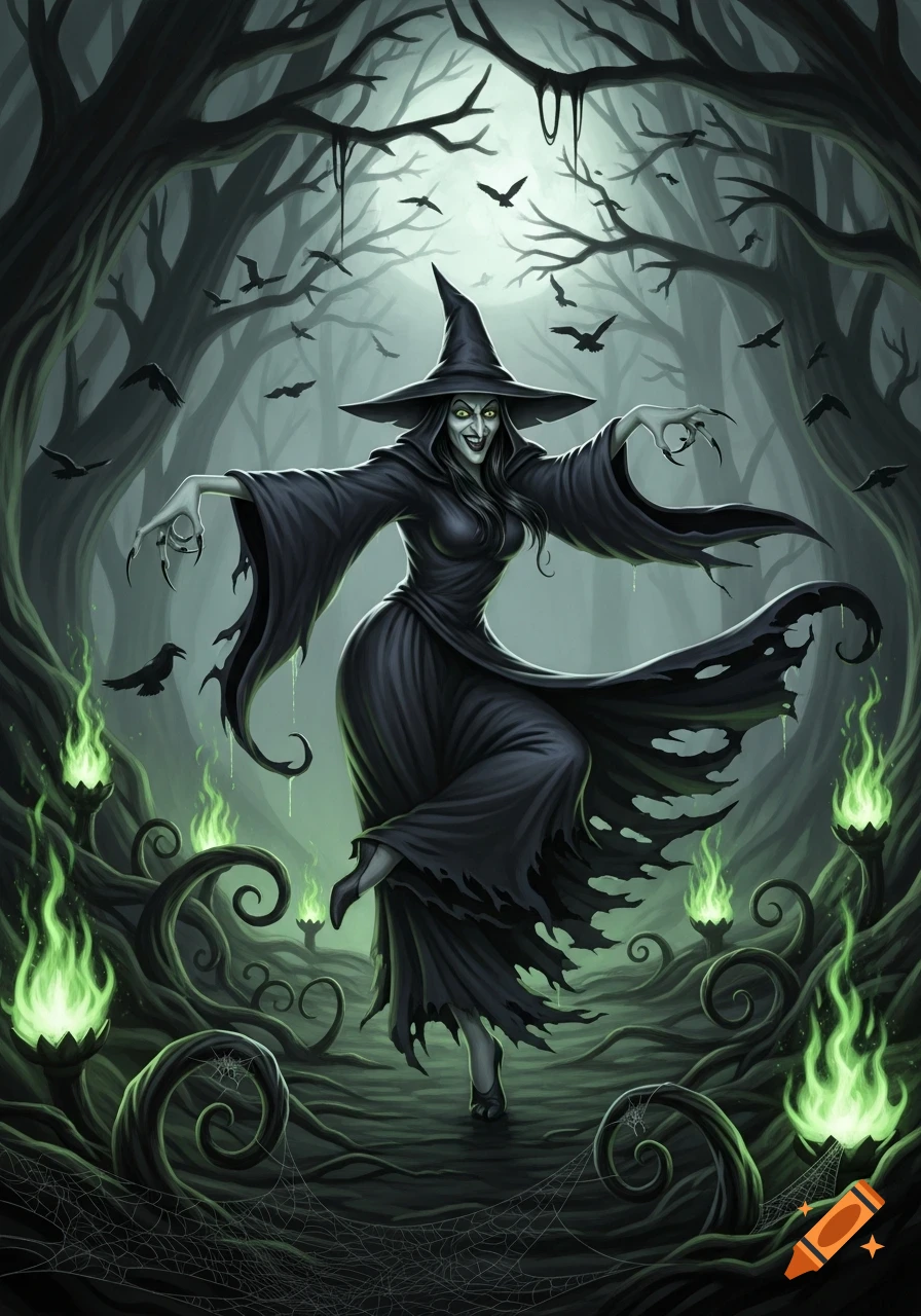 An evil witch in a black tattered dress dances in a dark, eerie forest with glowing green plants and flying crows.
