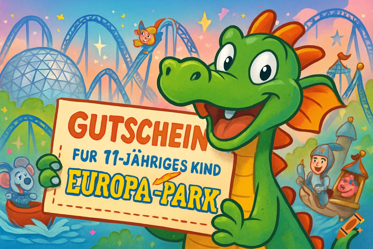A cheerful green cartoon dragon holds a voucher for Europa-Park in a vibrant amusement park setting with rollercoasters.
