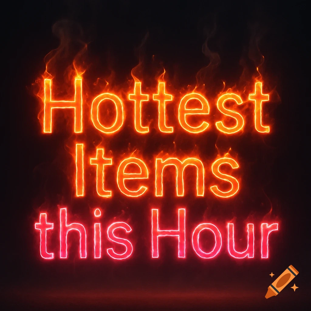 Text 'Hottest Items this Hour' in glowing orange and pink neon letters with surrounding flames on a black background.