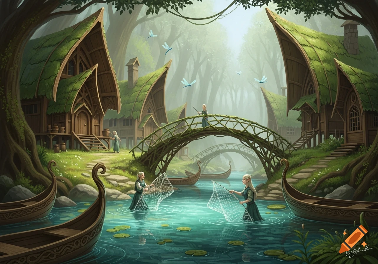 A detailed fantasy digital painting of an elven village built into lush green trees, with elves fishing in a river.