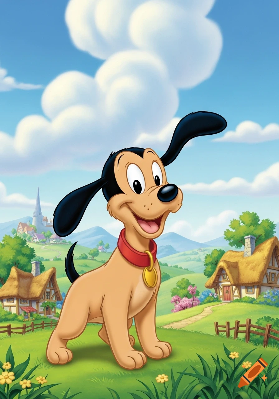 A happy cartoon dog with tan fur and black floppy ears, wearing a red collar, stands in a vibrant green field with cottages and mountains under a blue sky with fluffy clouds.