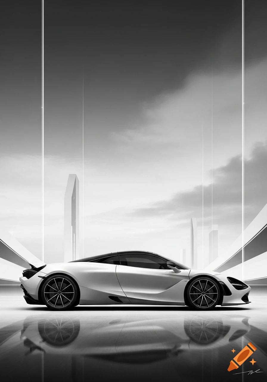 A white McLaren sports car parked on a reflective surface against a black and white futuristic city skyline under a cloudy sky.