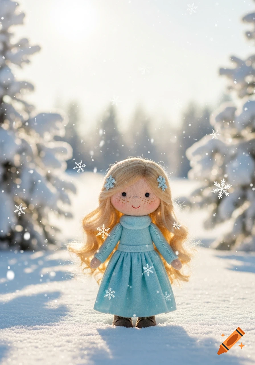 A cute felt doll with long blonde hair and freckles stands in a snowy forest with snowflakes falling.