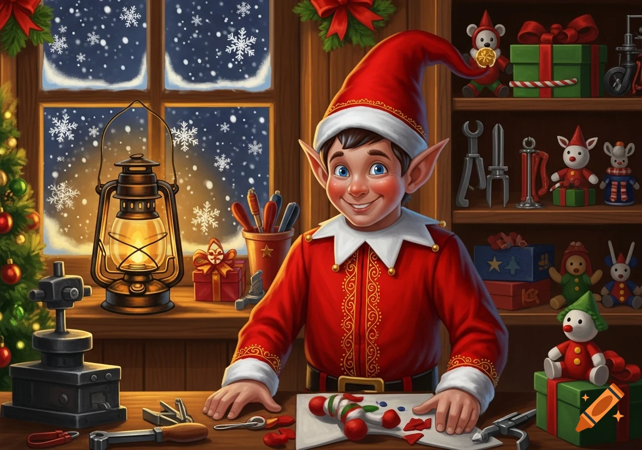 Smiling Christmas elf in a red suit making toys in a cozy, snow-covered workshop, surrounded by tools and gifts.