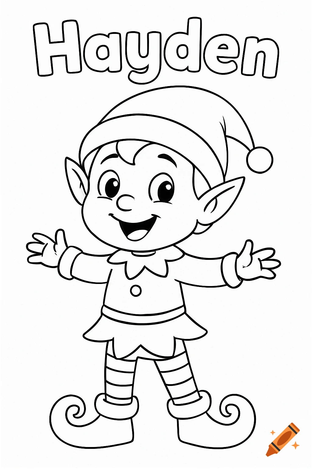 Black and white coloring page of a smiling cartoon elf wearing a hat, tunic, striped stockings, and curly-toe shoes, with 'Hayden' above.