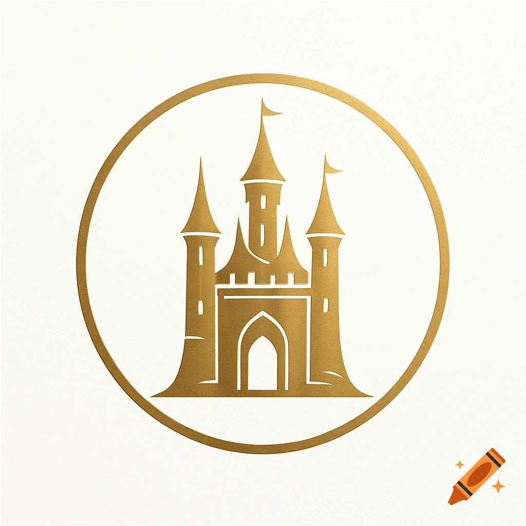 Golden stylized castle logo within a circular outline on a white background.