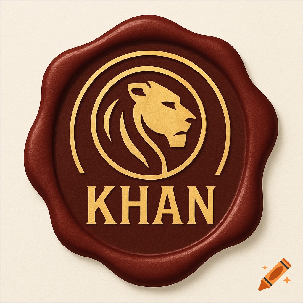 A modern wax seal featuring a gold, geometric lion head profile emblem above the word "KHAN" in a deep red wax.