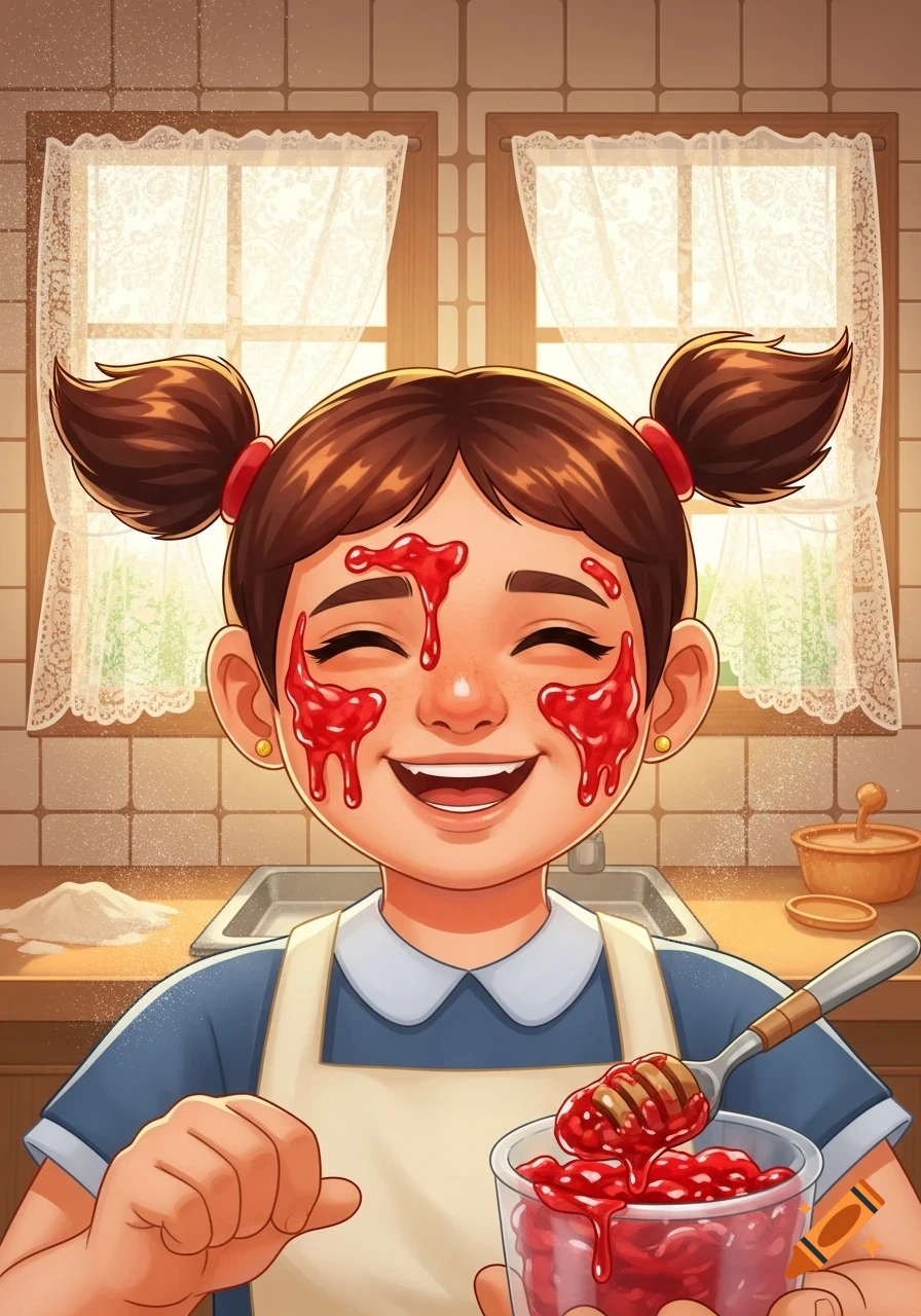 A smiling cartoon girl with pigtails and jam on her face, holding a cup of jam and a spoon, in a sunny kitchen.