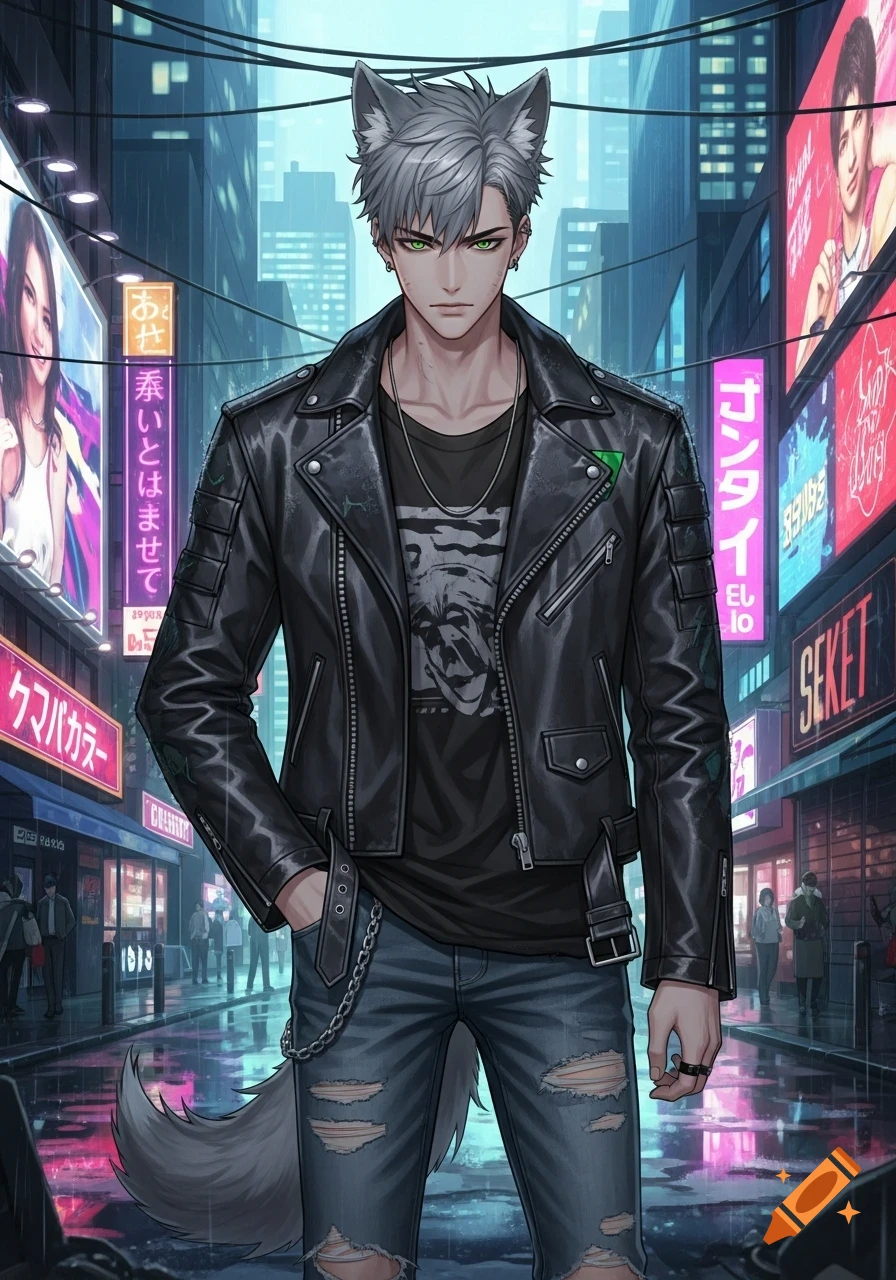A grey-haired man with wolf ears and tail in a black leather jacket and ripped jeans stands on a neon-lit, wet city street in an anime style.