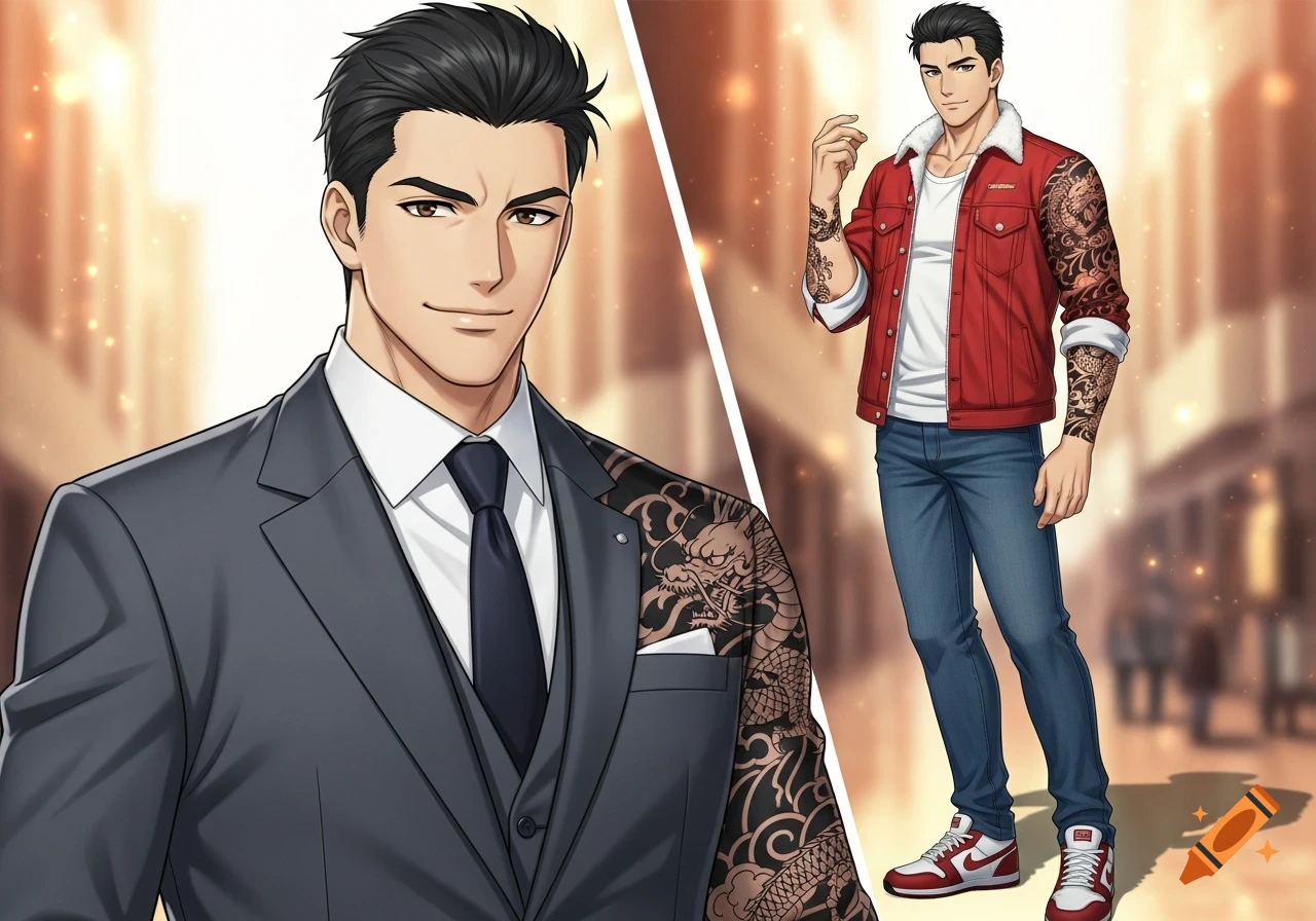 Two anime-style instances of a dark-haired man with dragon tattoos. One wears a grey suit, the other a red jacket and jeans.