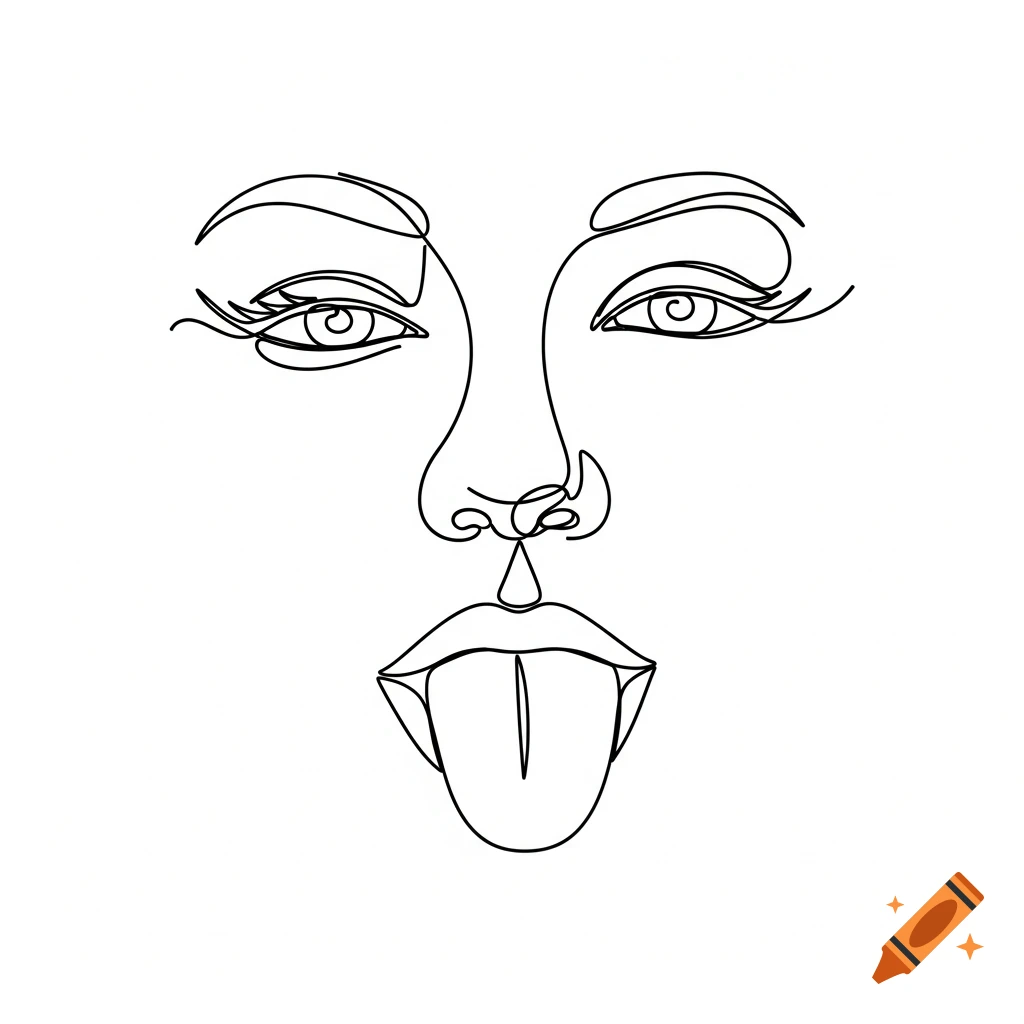 A minimalist black and white line art drawing of a face sticking its tongue out to touch its nose.