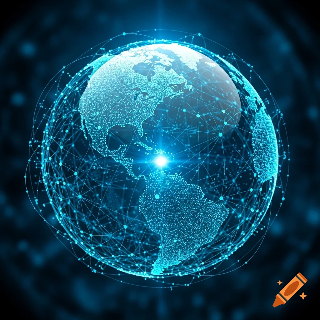 A glowing blue digital globe showing continents connected by a network of lines and dots against a dark background.