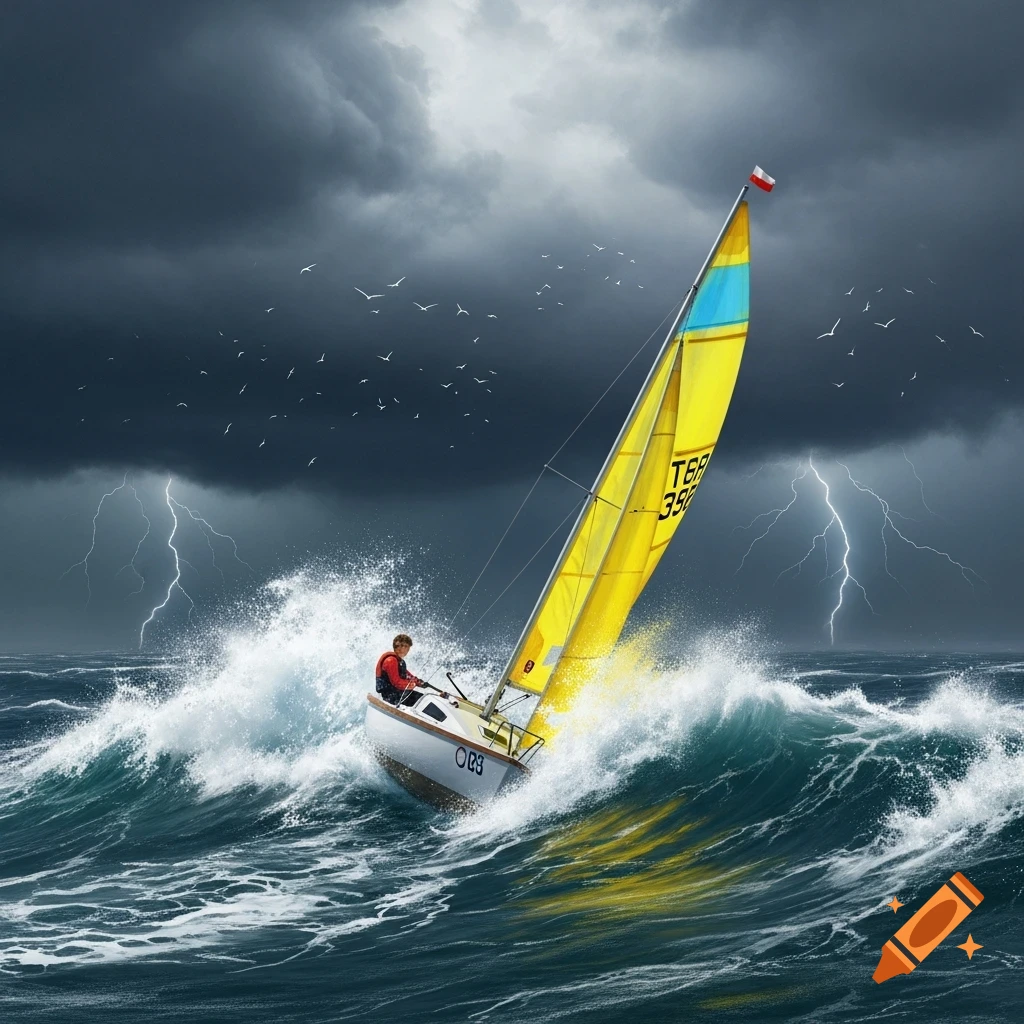 A yellow sailboat with a single person navigates massive waves during a severe lightning storm with dark clouds and seagulls.