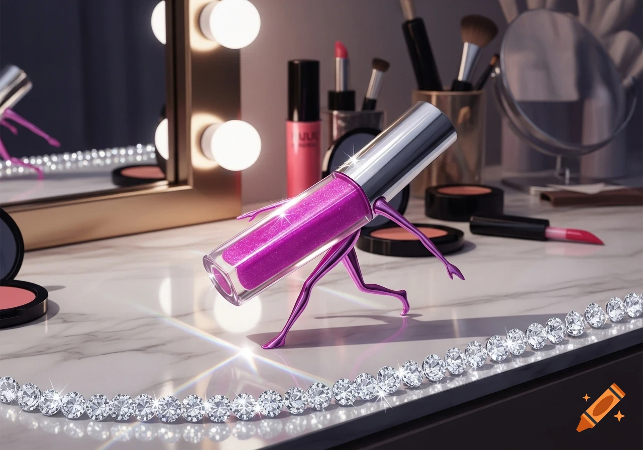 A glittery pink lip gloss tube with metallic purple arms and legs walks across a marble vanity with makeup and diamonds.