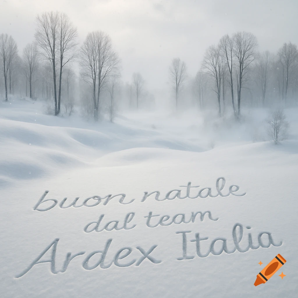 A serene, misty, snowy winter landscape with 'buon natale dal team Ardex Italia' written in the foreground snow.