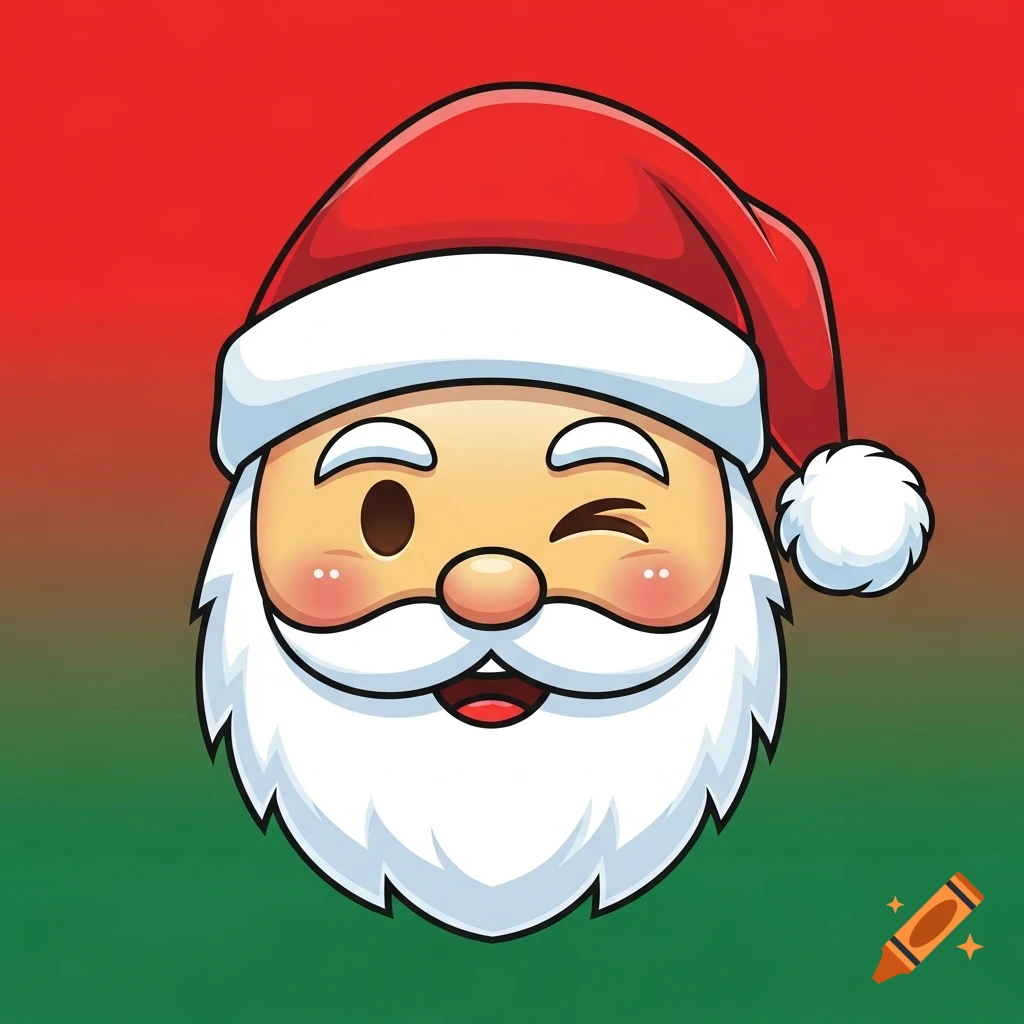 Emoji-style cartoon of Santa Claus winking, set against a red and green gradient background.