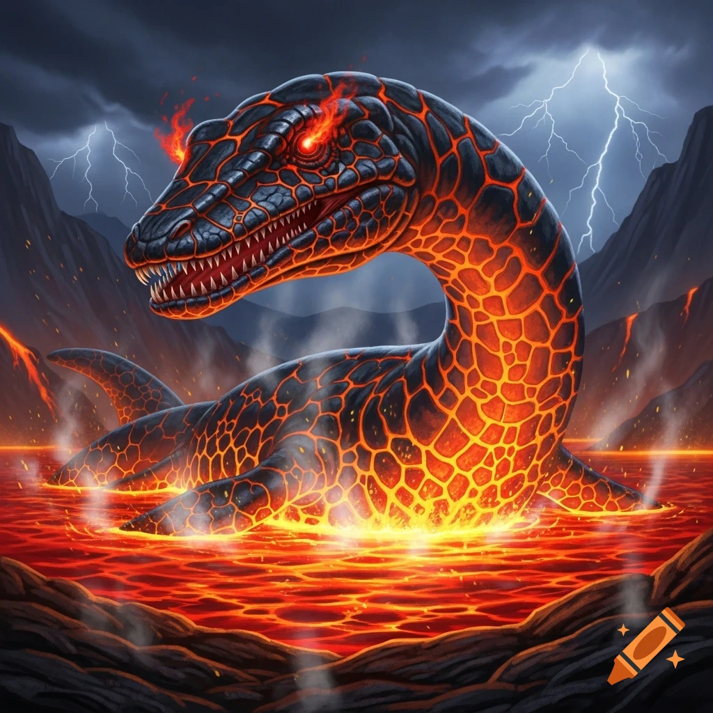 A menacing lava plesiosaur with glowing eyes rises from a fiery lava lake under a stormy sky with lightning, surrounded by volcanoes in a fantasy art style.