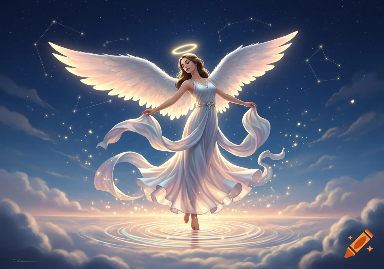 A beautiful angel with large white wings and a halo, wearing a flowing white dress, stands barefoot on water with ripples, surrounded by clouds under a starry night sky.