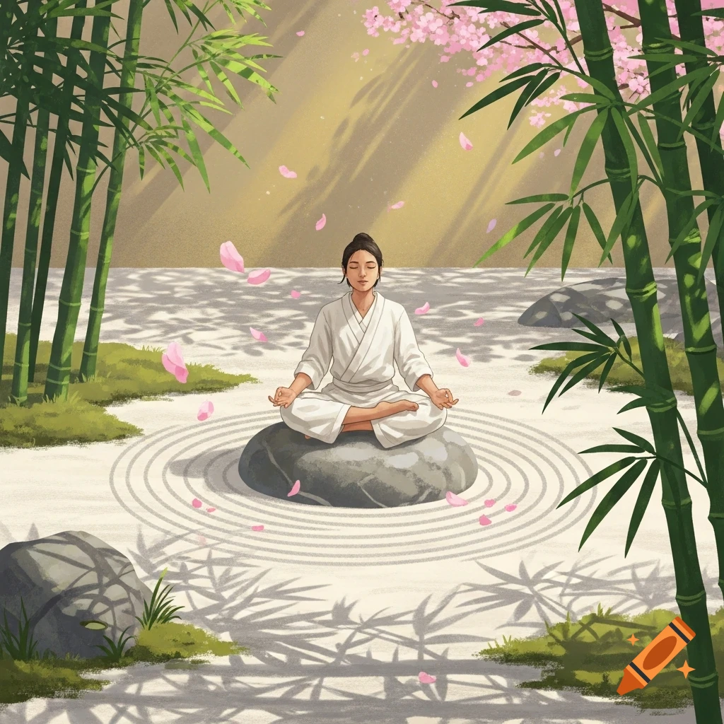 Person in white meditating on a rock in a zen garden with bamboo, cherry blossoms, and raked sand.