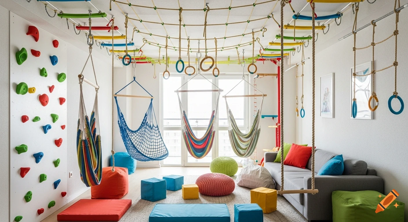 Vibrant modern living room converted into an indoor play area with ceiling-mounted climbing nets, ropes, rings, hammocks, a climbing wall, and soft seating.