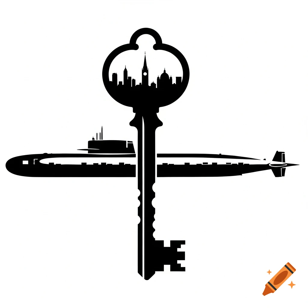Black and white silhouette illustration of a submarine combined with a skeleton key featuring a city skyline in its bow.