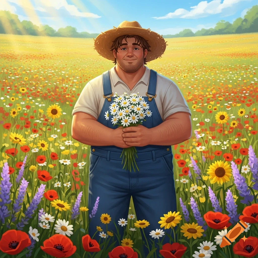 A cheerful farmer in overalls stands in a vibrant flower field, holding a bouquet of daisies.