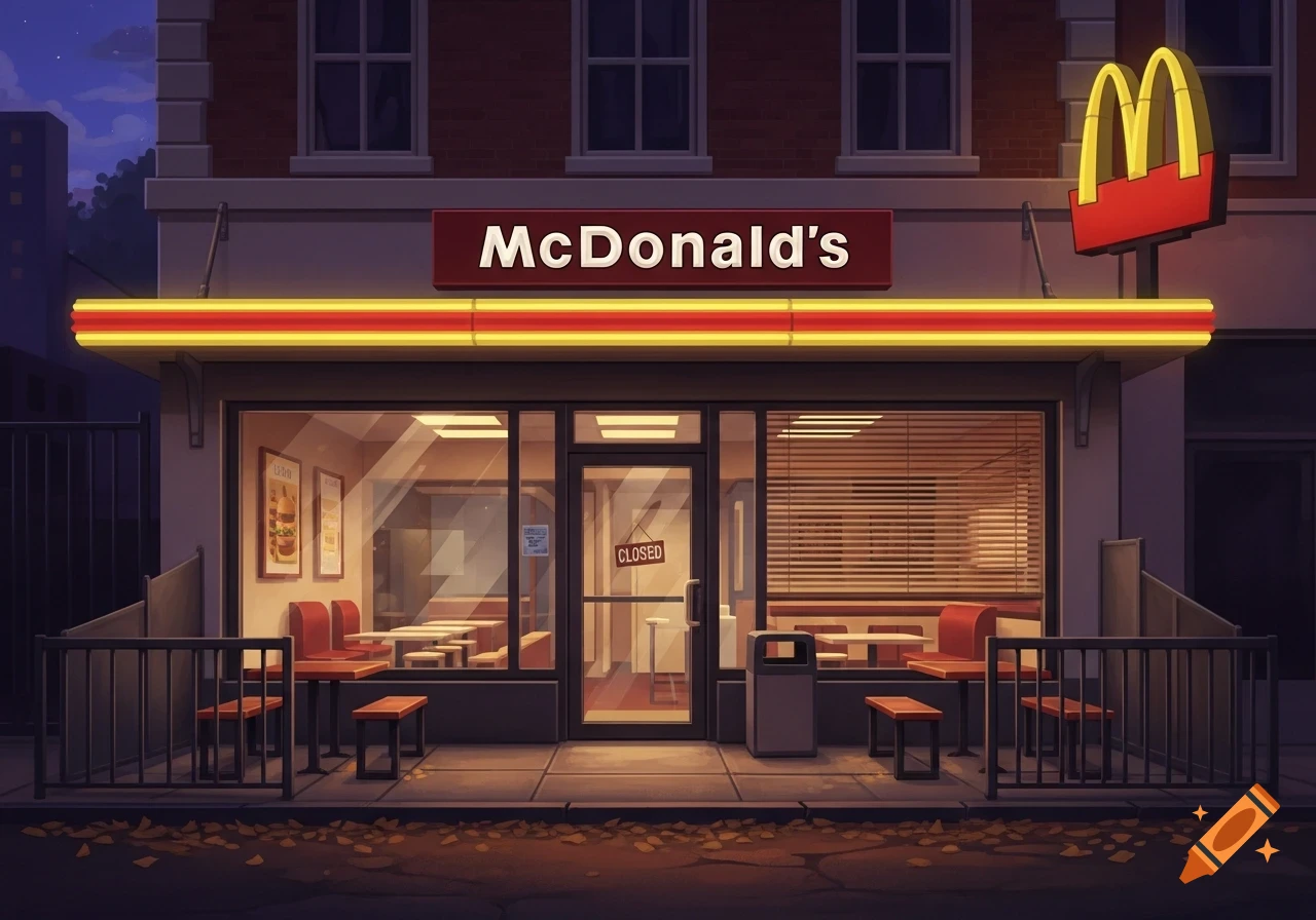 An illustrated McDonald's restaurant is closed at night, with the iconic 'M' logo and a 'CLOSED' sign on the door.