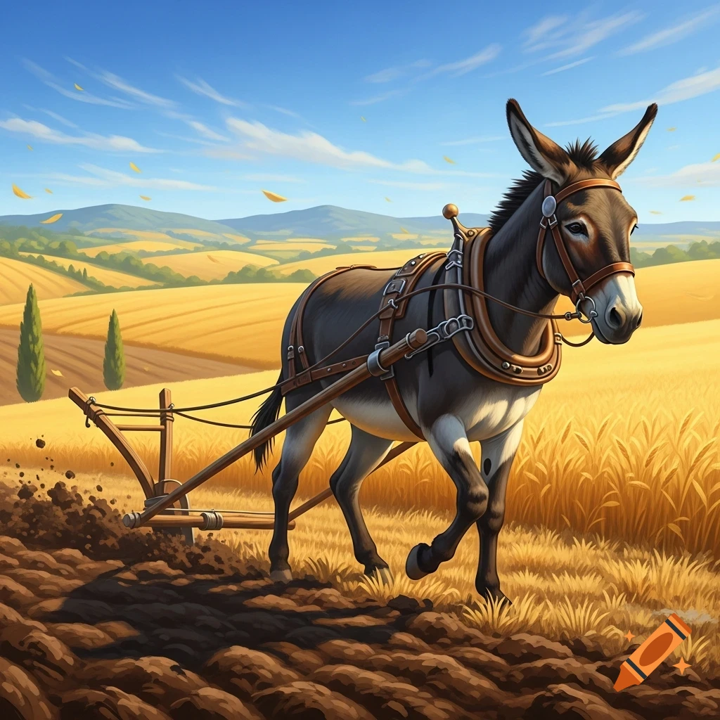 A stylized illustration of a donkey pulling a plow through a field, with golden wheat fields and hills under a blue sky.