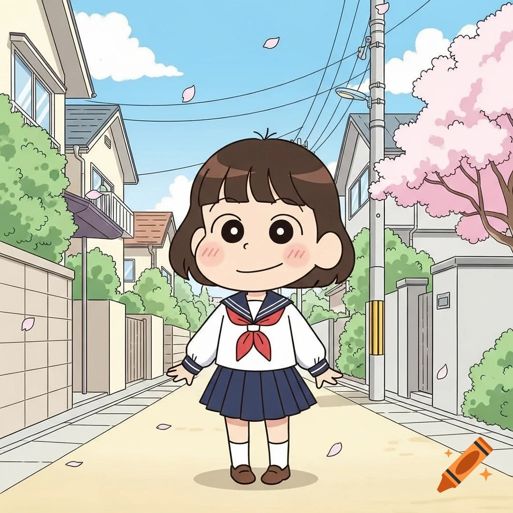 A cute cartoon girl in a sailor uniform stands on a Japanese street with houses and falling cherry blossom petals in an anime style.