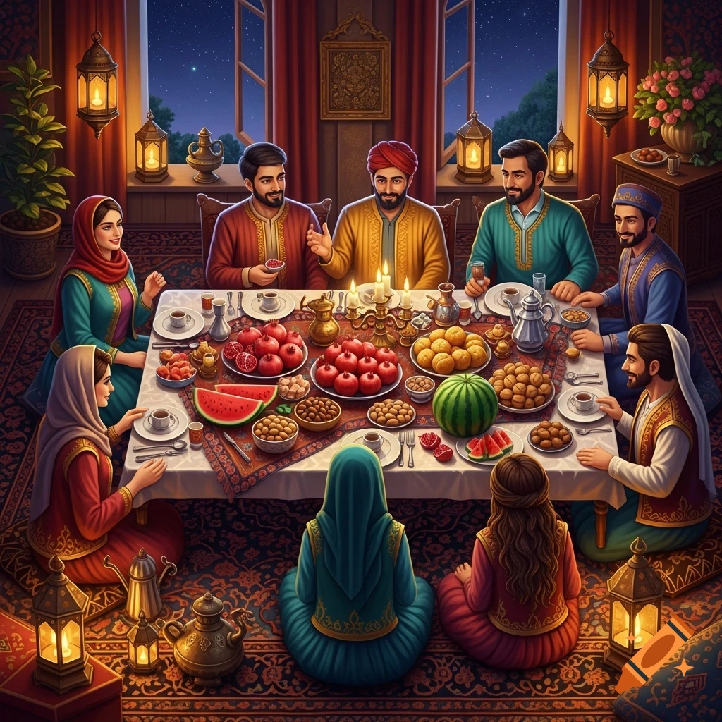 A vibrant gathering of people in traditional attire around a large table laden with pomegranates, watermelon, and other festive food, illuminated by lanterns under a starry night sky.