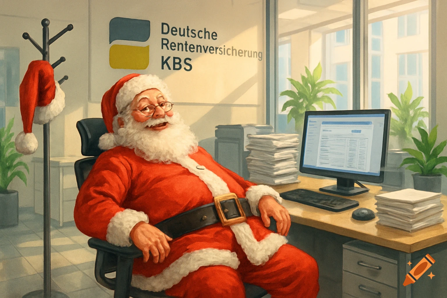 Cheerful Santa Claus sits at a desk in an office with a computer and paper stacks, a sign reads 'Deutsche Rentenversicherung KBS'.