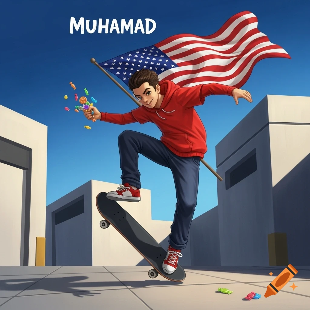 Cartoon boy named Muhamad doing an ollie on a skateboard, holding an American flag as a cape, eating candy, and winking.